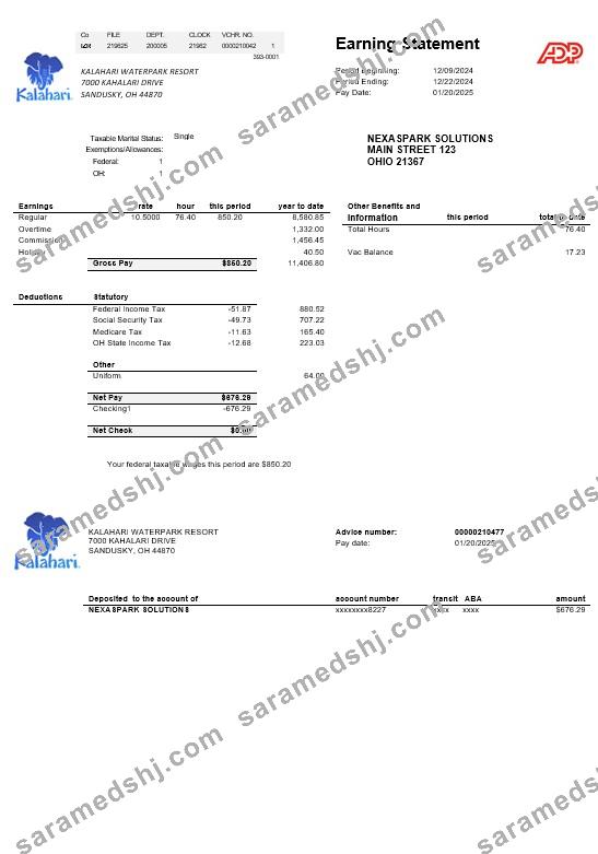 USA Ohio Kalahari Waterpark Resort business utility bill template in Word and PDF formats